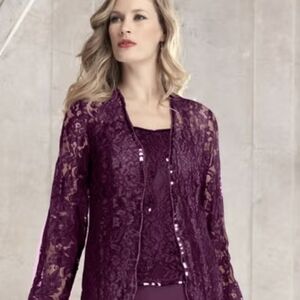Plus-Size 2 Piece Long Sleeve Embellished Lace Jacket and Full Gown